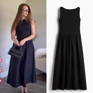 H&M Maxi Dress Black Sleeveless Flared Skirt Knit XS Casual